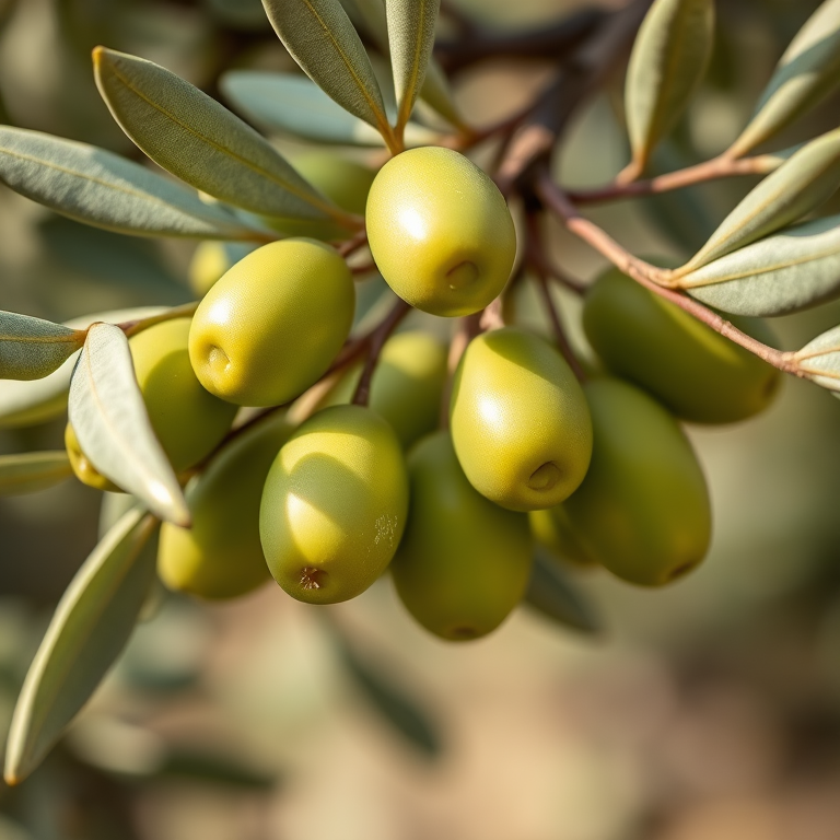 Olive branch with green olives, natural lighting, macro lens, f/2.8 aperture, 50mm focal length, shallow depth of field, vibrant colors, high-resolution image, soft focus background.