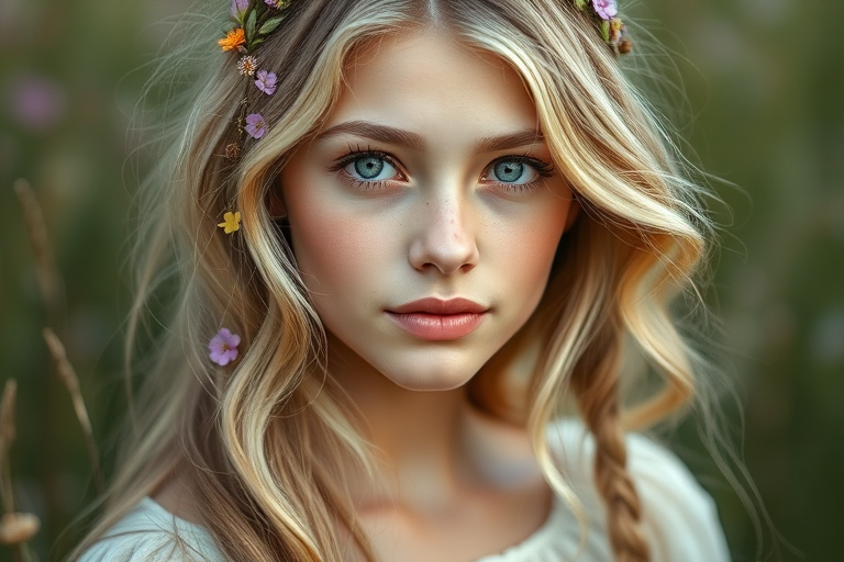 Create an image of a young woman with long, wavy blonde hair, adorned with small, colorful flowers woven into her braids and loose strands. Her complexion is fair, with soft, glowing skin, and she has light blue eyes that gaze softly at the viewer. She wears a light, flowing dress with a gentle, ethereal quality, complementing her delicate and serene appearance. The background is slightly blurred, drawing focus to her tranquil expression and the intricate details of the flowers in her hair. The overall mood of the image is one of natural beauty and grace, evoking a sense of peacefulness and connection with nature.