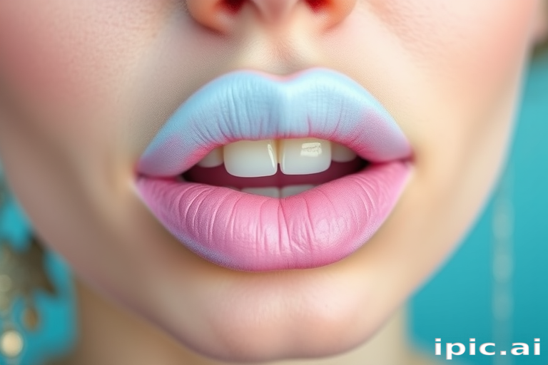 Whimsical "Cotton Candy Cloud" lip look blends pastel pink and blue hues in a soft, diffused ombre, reminiscent of fluffy carnival treats and ideal for playful, dreamy makeup looks