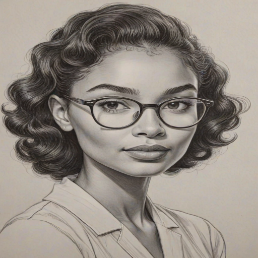 Graceful Yara Shahidi, pencil sketch, portrait of Charming woman 1950s in glasses, hair style beatnik, outline, clear lines, fine lines, 8k