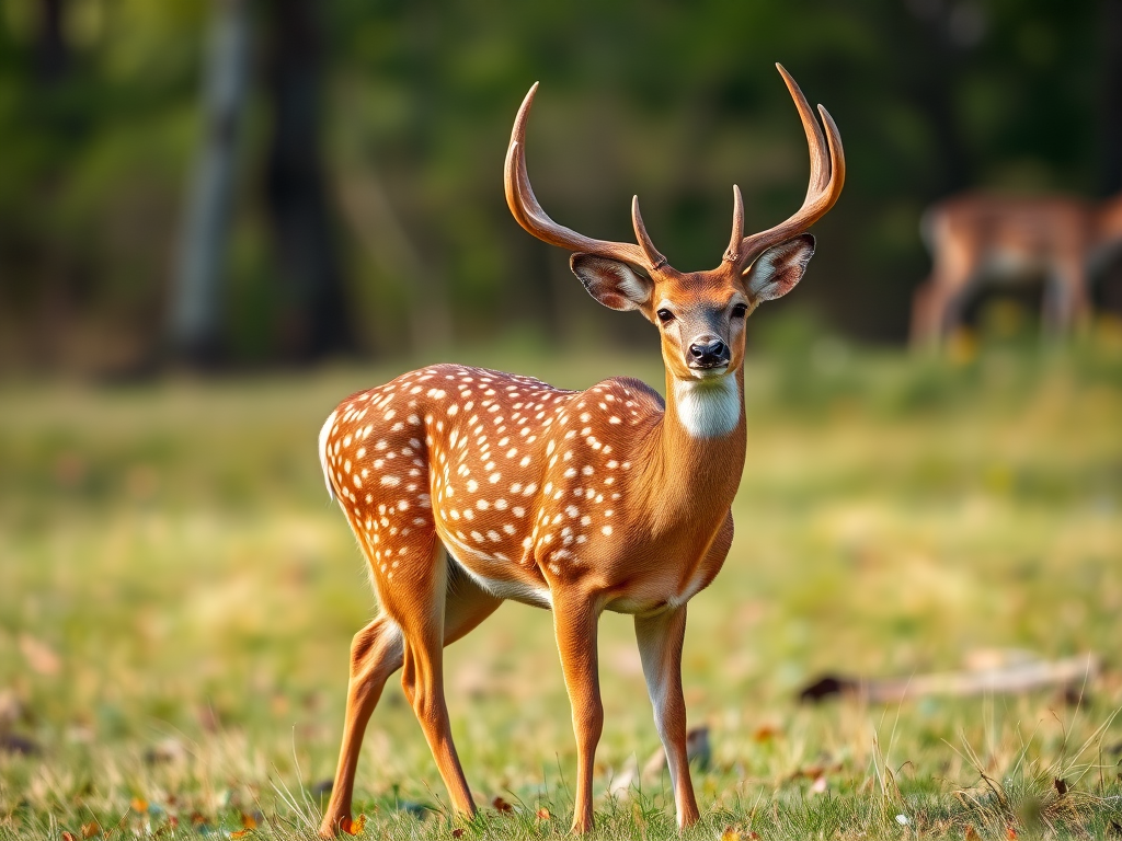 Generate a high-quality illustration of a spotted deer standing majestically with detailed fur texture and vibrant colors, using a DSLR camera with a 50mm lens, aperture set to f/2.8, ISO 100, captured in natural light at a slight angle to emphasize its antlers and form.