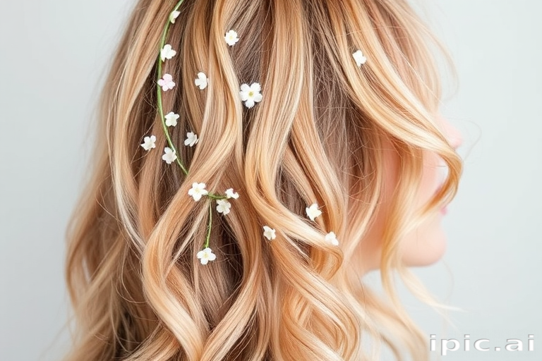 Soft rose gold tresses styled in the "Blush Blossom" fashion cascade in loose beach waves, adorned with tiny fresh flowers woven throughout for a romantic springtime look