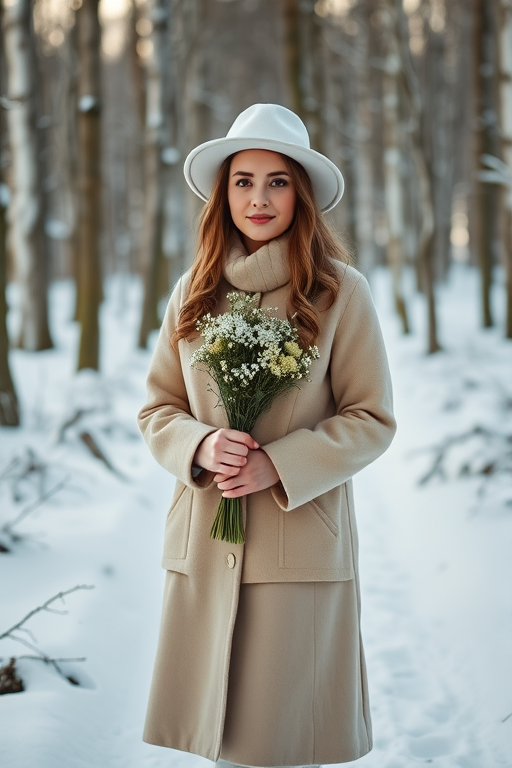 Create an image of a woman standing in a snowy forest, wearing a beige coat and a white hat, holding a bouquet of green flowers, captured with a Canon EOS R5, 50mm lens, f/2.8 aperture, ISO 100, shot from a 45-degree angle with natural daylight.