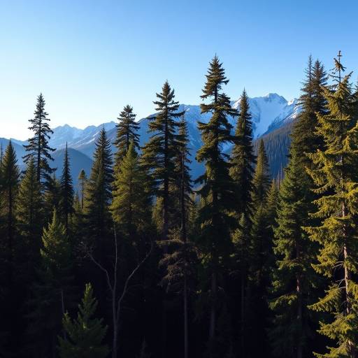 generate a lush forest landscape with towering trees and majestic snow-capped mountains in the background under a clear blue sky, captured with a DSLR camera at f/8 aperture, ISO 100, 24mm focal length, with a wide-angle view for enhanced depth and clarity