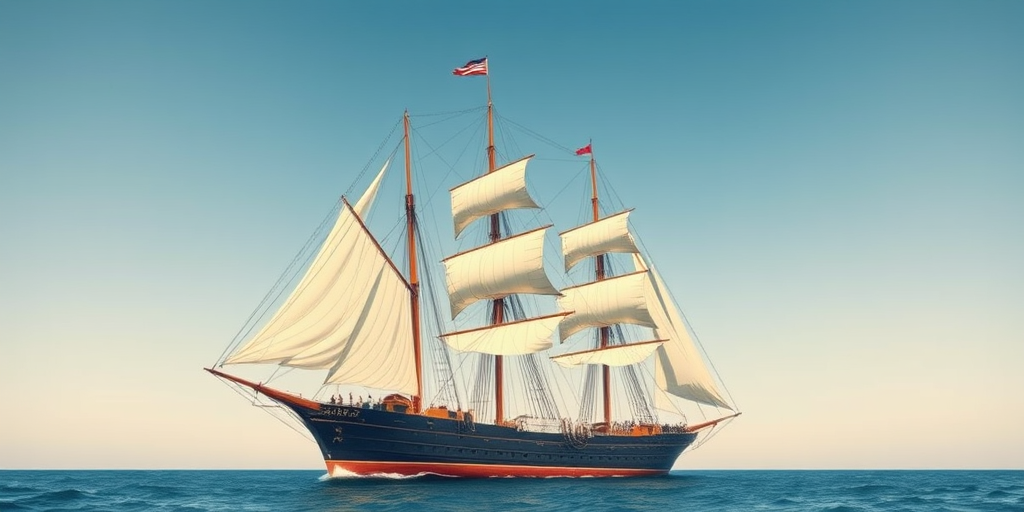 Create a vintage-style illustration of a majestic sailing ship with three tall masts and billowing sails, shot with a DSLR camera at f/8, ISO 100, 50mm focal length, with a wide-angle view to capture the grandeur of the ship against a clear blue sky.