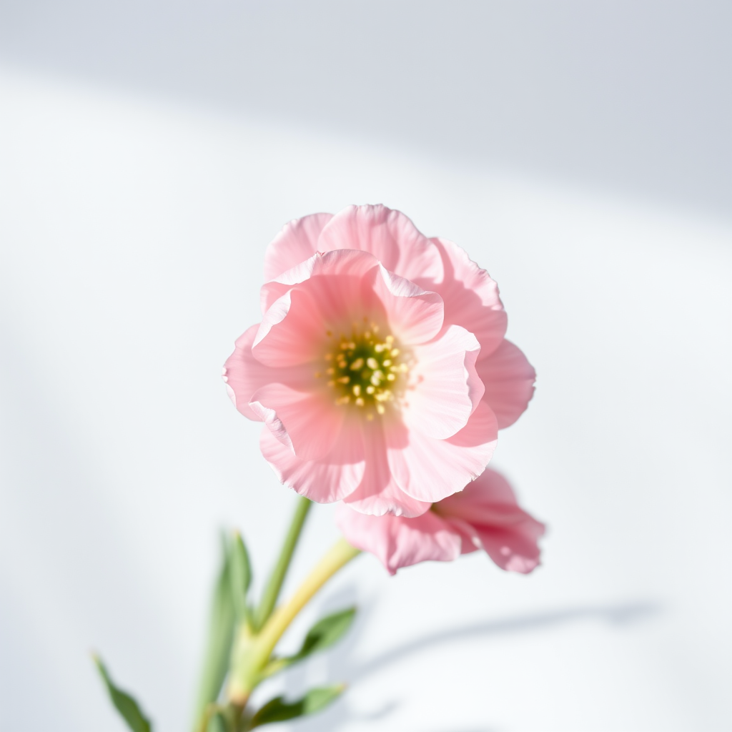 A close-up photograph of two pink ranunculus flowers with a soft white background, taken with a Canon EOS R5, 50mm lens, f/2.8 aperture, ISO 100, natural light for enhanced details and colors.