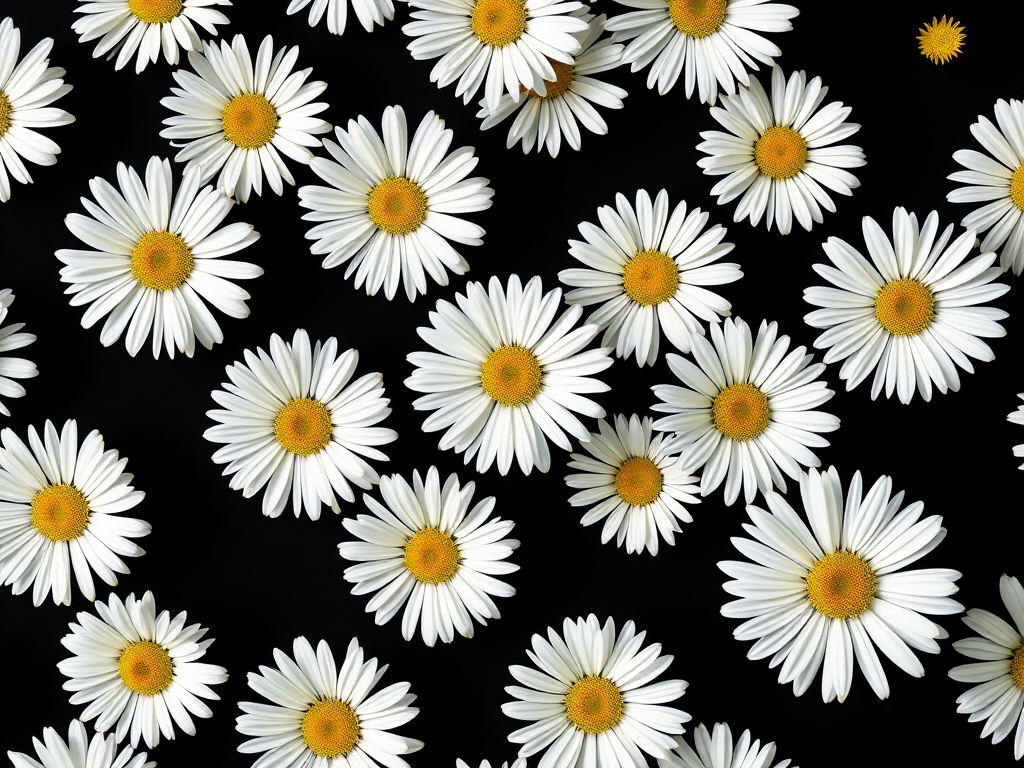 Create a seamless pattern of white daisies on a black background, captured with a Canon EOS R5, 50mm lens, aperture set to f/8 for sharp detail, 1/125 sec shutter speed, ISO 100, in natural lighting with a focus on vibrant colors and high resolution.