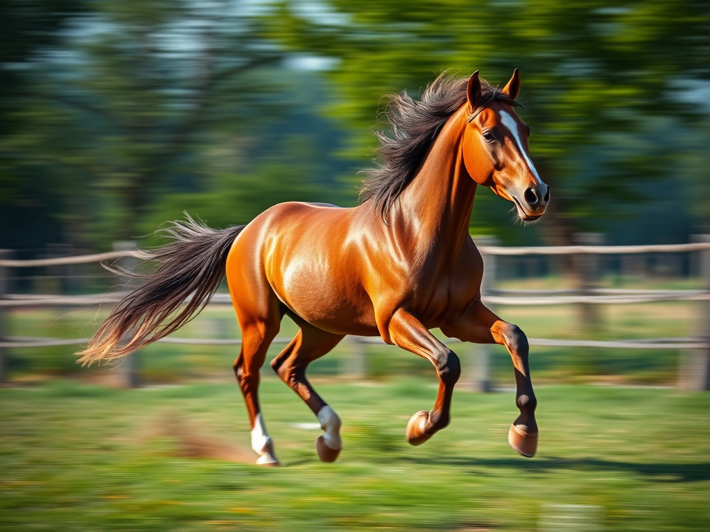 Generate a high-resolution artistic image of a galloping horse amidst a blurred background, captured with a DSLR camera using a 50mm lens at f/1.8, ISO 100, shutter speed 1/500s, in natural light, with a focus on dynamic movement and vibrant colors.