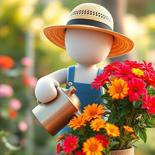 Create a 3D-rendered image of a humanoid figure wearing a straw hat, watering a pot of vibrant flowers, with a soft-focus background, using a Canon EOS R5 camera, 50mm lens, f/2.8 aperture, ISO 100, and natural lighting to enhance image quality.