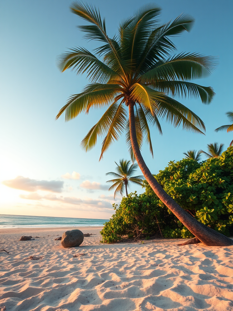 generate a high-resolution image of a tropical beach scene featuring a leaning palm tree with lush green foliage in the background during golden hour, use a DSLR camera with a 24mm lens, aperture f/8, ISO 100, shutter speed 1/200s, wide-angle view for enhanced detail and clarity
