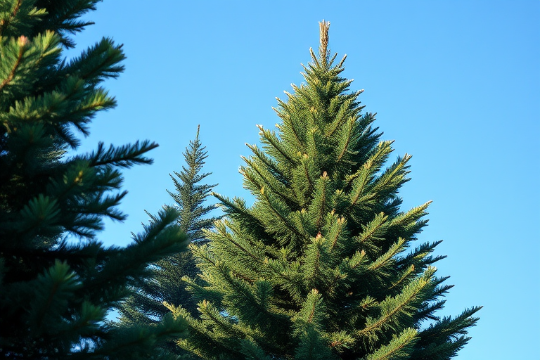 Create a highly detailed illustration of a tall evergreen tree, set against a clear blue sky, using a DSLR camera with a 50mm lens at f/2.8 for shallow depth of field, ISO 100, and natural lighting to enhance texture and colors.