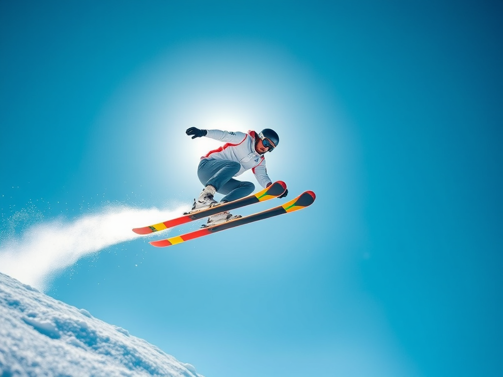 Create a high-resolution vector graphic of a ski jumper in mid-air, shot with a Canon EOS R5 at f/8, ISO 100, 1/1000s, using a wide-angle lens and a dynamic action shot style against a clear blue sky background.