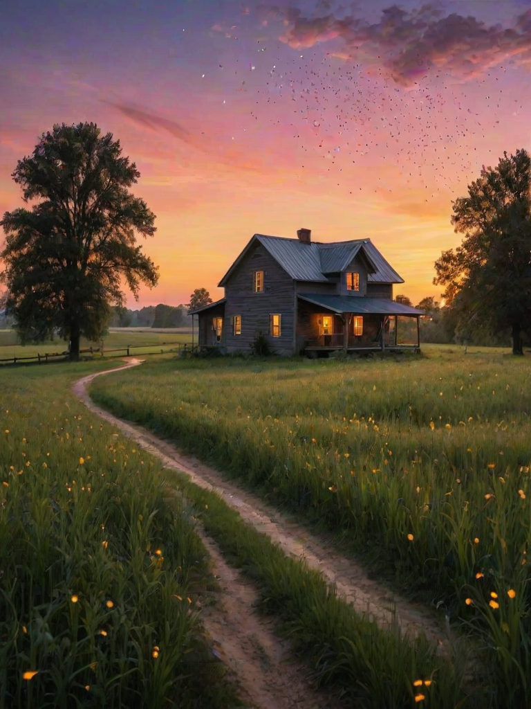 Serene countryside scene at dusk, with a farmhouse silhouetted against a colorful sky, fireflies dancing in the air, creating a magical evening atmosphere.