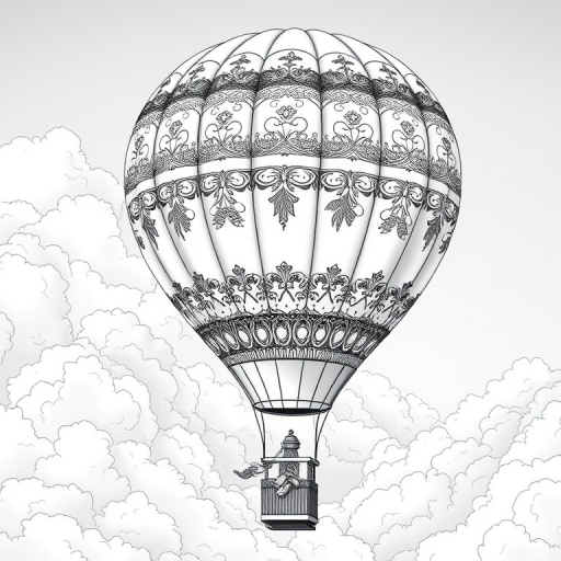 Create a high-resolution black and white illustration of a hot air balloon with intricate patterns and decorative elements, set against fluffy clouds, captured with a Canon EOS 5D Mark IV, 50mm lens, f/2.8 aperture, with soft diffused lighting for enhanced detail and contrast.