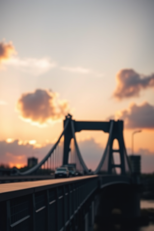regenerate the image of a bridge at sunset with fluffy clouds in the background, captured using a DSLR camera with a 50mm lens, f/8 aperture, ISO 100, and a soft focus view to enhance image quality