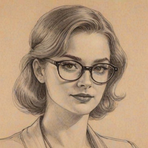 Enchanting Debbie Ryan, pencil sketch, portrait of Resplendent woman 1921s in glasses, hair style beatnik, outline, clear lines, fine lines, 8k