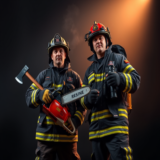 Two firefighters in uniform posing with a chainsaw and an axe, studio lighting with a dark background, low angle view, shallow depth of field, DSLR camera, f/2.8, ISO 200, 1/125s.
