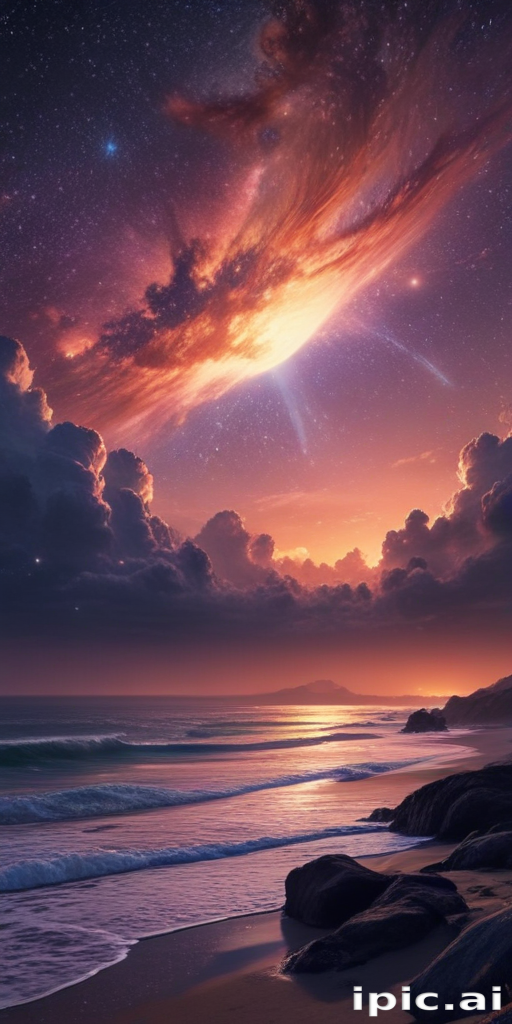 Stunning Cosmic Landscape Over Serene Ocean at Sunset with Dramatic Clouds
