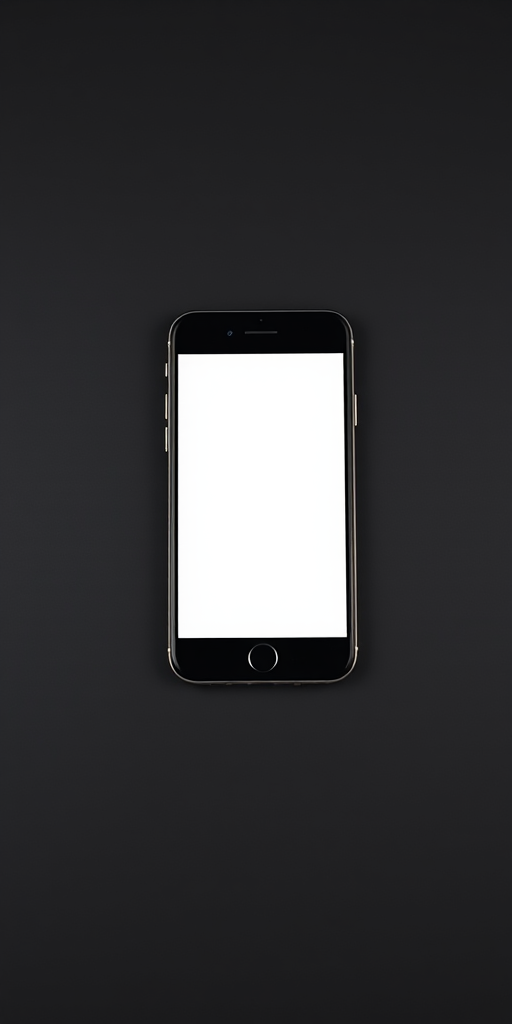 Create a clean and minimalist smartphone mockup on a dark background with a blank screen, using a DSLR camera with a 50mm f/1.8 lens, aperture set to f/2.8, ISO 100, and a shallow depth of field to enhance image quality.