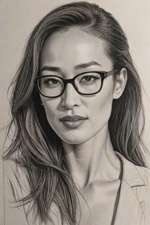 Stunning Maggie Q, pencil sketch, portrait of Magnificent woman 1932s in glasses, hair style beatnik, outline, clear lines, fine lines, 8k