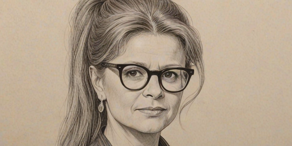 Fascinating Tracey Ullman, pencil sketch, portrait of Resplendent woman 1974s in glasses, hair style beatnik, outline, clear lines, fine lines, 8k