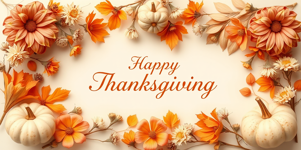 Create a festive Thanksgiving greeting card featuring soft pastel colors with decorative autumn flowers and pumpkins arranged around the edges the text Happy Thanksgiving in elegant script centered in the middle and a light cream background to enhance the seasonal theme.