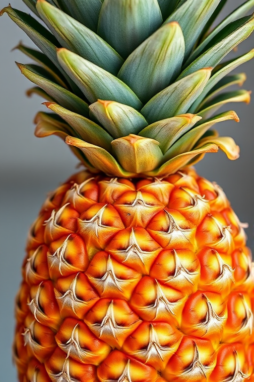 Create a highly detailed and realistic image of a pineapple with vibrant colors and textured skin, captured with a Canon EOS R5, 50mm f/1.8 lens, aperture f/2.8, ISO 100, in natural soft lighting, front view, high definition.