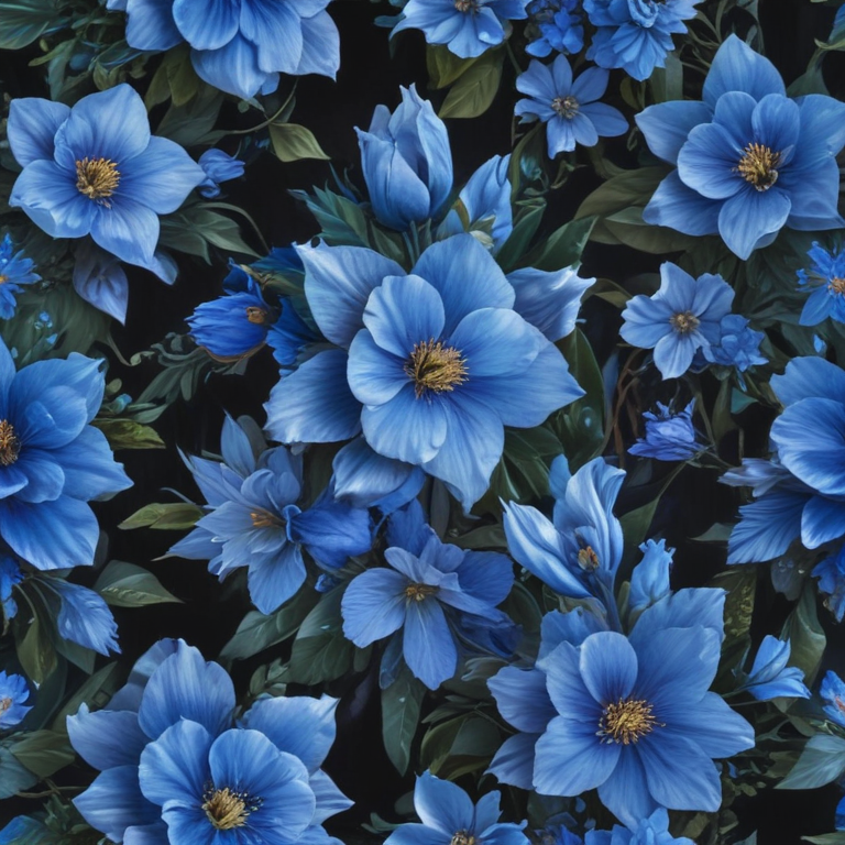 Vibrant Blue Floral Pattern with Lush Blooms and Green Leaves