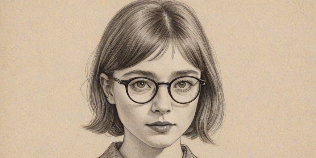 Enchanting Jessica Barden, pencil sketch, portrait of Delightful woman 1924s in glasses, hair style beatnik, outline, clear lines, fine lines, 8k