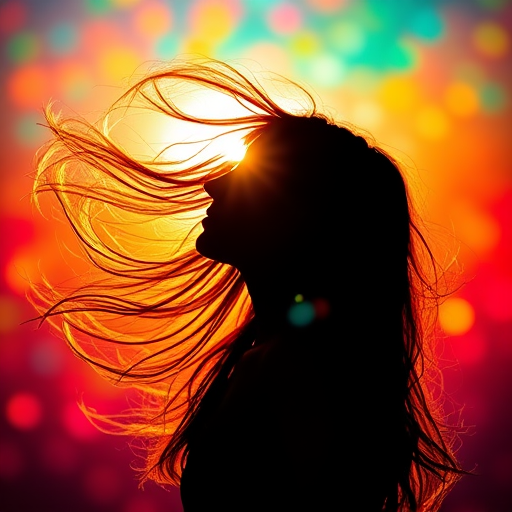 Create an ethereal portrait of a silhouette of a person with flowing hair against a vibrant, colorful background, using a Canon EOS R5, 85mm f/1.2 lens, aperture set to f/2.8, ISO 100, and a soft focus effect to capture a dreamy, surreal quality with lens flare and bokeh elements.