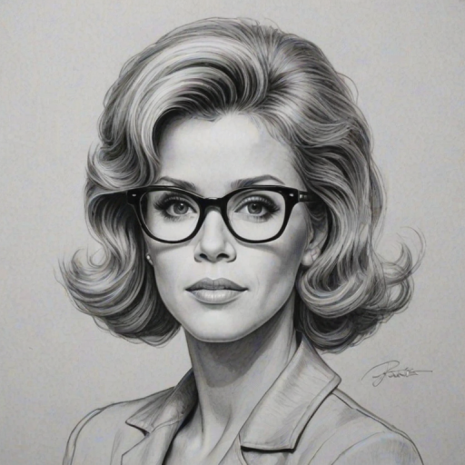 Graceful Jane Fonda, pencil sketch, portrait of Pleasing woman 1950s in glasses, hair style beatnik, outline, clear lines, fine lines, 8k