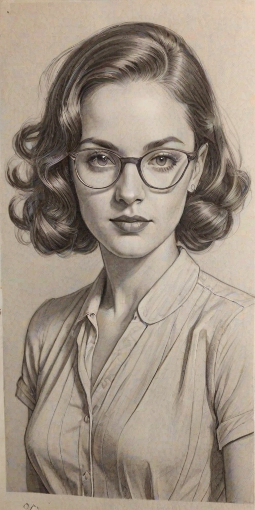 Exquisite Rachel Zegler, pencil sketch, portrait of Wonderful woman 1933s in glasses, hair style beatnik, outline, clear lines, fine lines, 8k