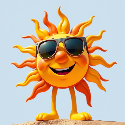 Create a vibrant cartoon sun character wearing sunglasses, with a cheerful expression, high-resolution, shot with a Canon EOS R5, aperture f/2.8, ISO 100, 50mm lens, eye-level view, bright and colorful style.