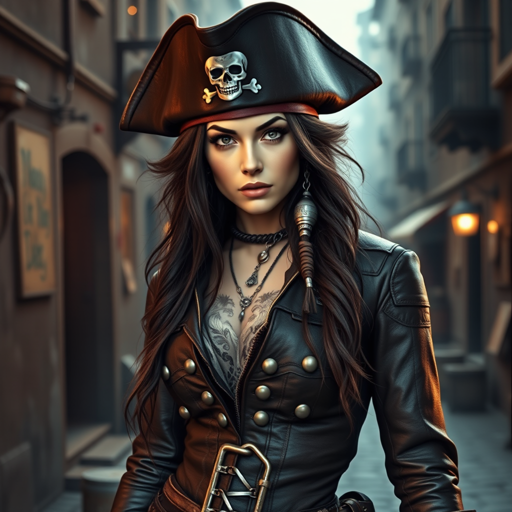 Create a portrait of a fierce female pirate. She wears a leather tricorn hat adorned with a skull and crossbones emblem, and her long, dark hair flows around her face. Her outfit consists of a richly detailed leather jacket, a corset, and multiple layers of belts and accessories, giving her a formidable and stylish appearance. She stands confidently in a dimly lit, historic port town, with a backdrop of weathered buildings and cobblestone streets, capturing the adventurous spirit of a pirate.