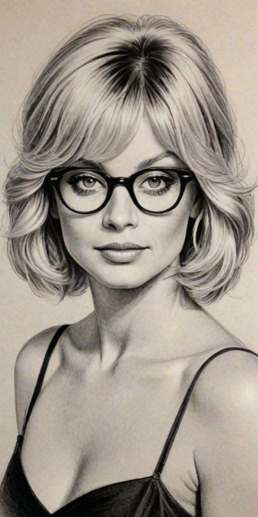 Elegant Goldie Hawn, pencil sketch, portrait of Attractive woman 1934s in glasses, hair style beatnik, outline, clear lines, fine lines, 8k