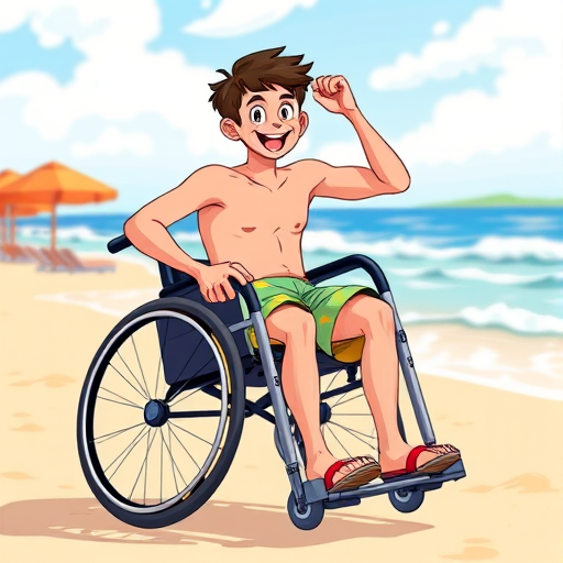 A playful and colorful illustration of a wheelchair user in swim shorts, set against a vibrant beach backdrop, shot with a DSLR camera at f/2.8, 1/1000s, ISO 200, using a wide-angle lens for a dynamic perspective.