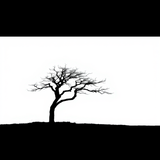 Generate a high-quality image of a minimalist black and white design featuring a tree silhouette on a plain background, captured with a Canon EOS R5, 50mm lens, aperture f/1.8, ISO 100, and a shallow depth of field for a soft background blur.