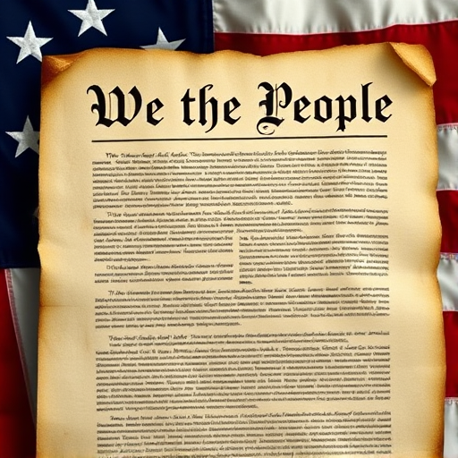 Create an image of an aged parchment document featuring the text "We the People" prominently at the top, set against the backdrop of a partially visible American flag, captured with a DSLR camera, 50mm lens, aperture f/2.8, ISO 100, focused on the document with a shallow depth of field for enhanced quality and detail.