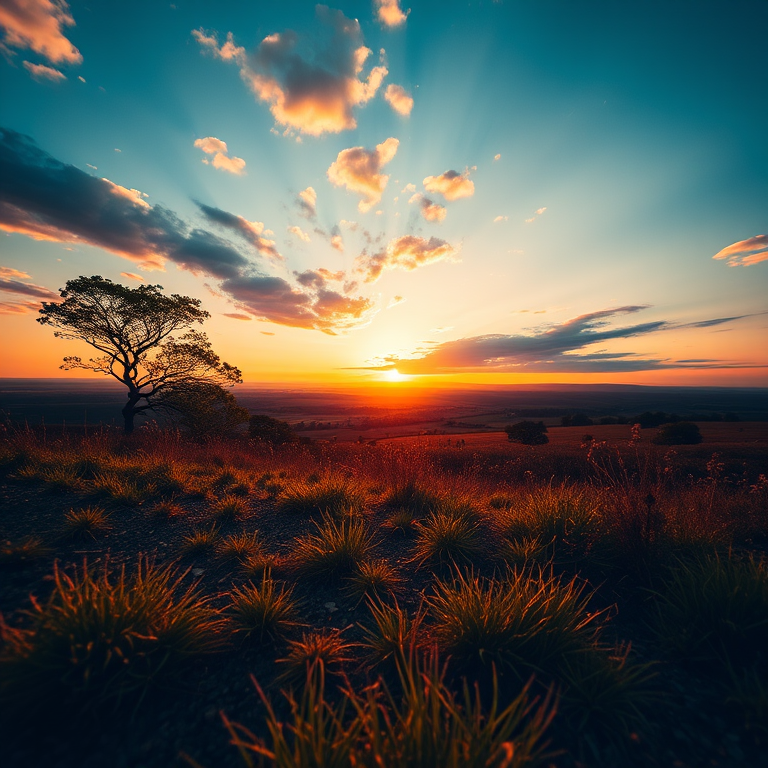 High-resolution image of a serene landscape during golden hour, f/8 aperture, ISO 100, 24mm focal length, shot with a DSLR camera from a low angle perspective to enhance depth, vibrant colors and soft lighting.