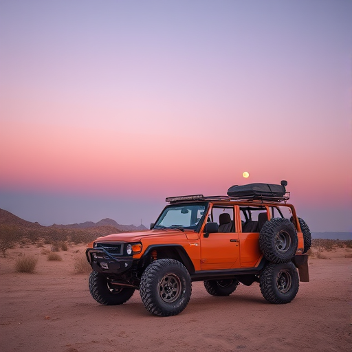 A rugged off-road vehicle parked in a desert landscape at sunset with soft pink and orange hues in the sky, moon visible in the background, wide-angle lens, ISO 100, aperture f/8, shutter speed 1/125s, DSLR camera, high-resolution image.