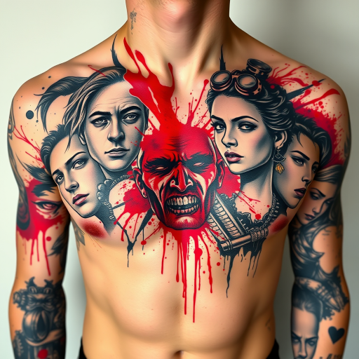Dramatic trash polka tattoo spanning across the chest, combining realistic portraits with abstract elements and splashes of vibrant red ink, creating a chaotic and visually striking composition