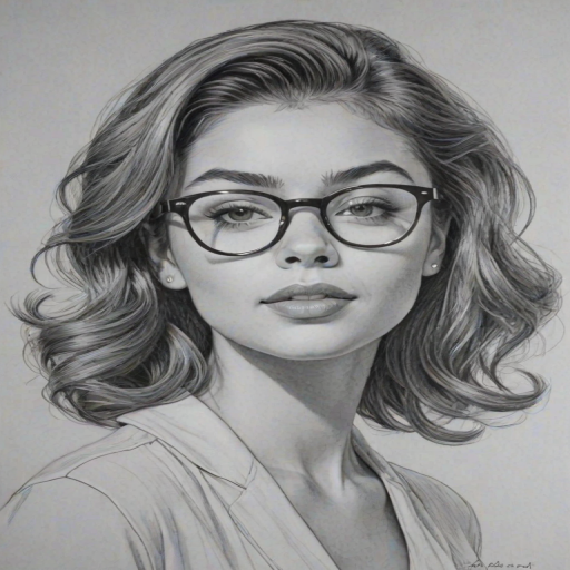 Graceful Sarah Hyland, pencil sketch, portrait of Enticing woman 1951s in glasses, hair style beatnik, outline, clear lines, fine lines, 8k