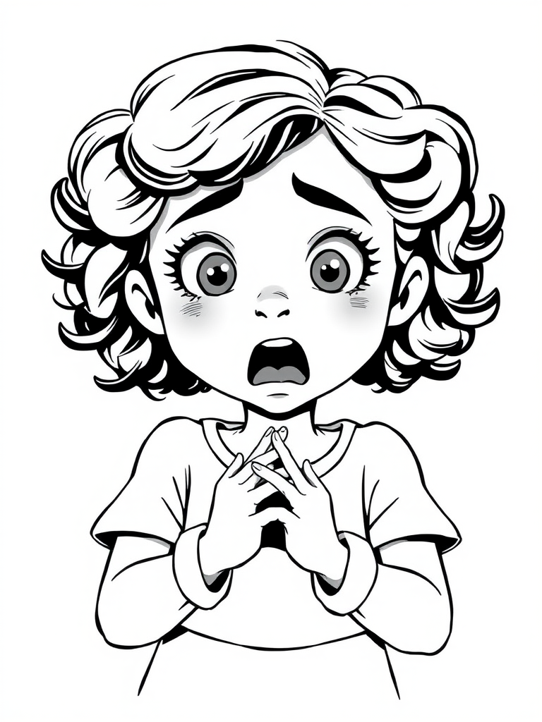 The image is a black and white illustration of a young girl with curly hair. She has a surprised expression on her face with her mouth open and her hands clasped together in front of her chest. Her eyes are wide and her eyebrows are furrowed. Her hair is styled in loose curls that are cascading down her back. The overall mood of the image is one of shock or surprise.