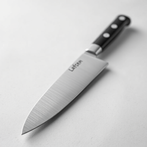 high-resolution photo of a kitchen knife on a plain background, taken with a DSLR camera at f/2.8 aperture, ISO 100, 50mm lens, with a focus on the blade and a shallow depth of field to enhance details and texture.