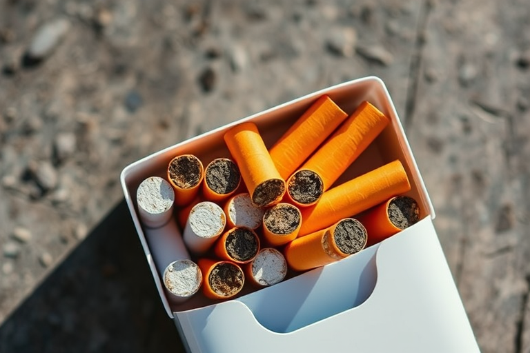 Generate a high-resolution image of an open cigarette pack with visible cigarettes, captured from a top-down view using a DSLR camera with a 50mm lens at f/2.8 aperture, ISO 100, and 1/200 shutter speed, in natural lighting for enhanced clarity and detail.