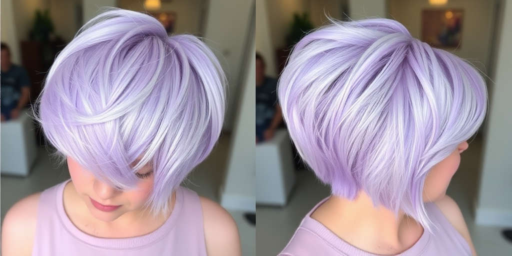 Pastel lavender pixie cut with wispy bangs and platinum blonde highlights, called "Moonlight Whisper" style, featuring textured layers and a soft, ethereal appearance
