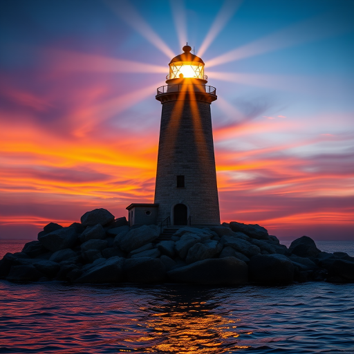 Generate an image of a tall lighthouse perched on a rocky outcrop surrounded by calm ocean waters during a breathtaking sunset. The lighthouse stands sturdy and weathered, its stone surface illuminated by the warm golden light of the setting sun. The sun's rays pass directly through the glass lantern room at the top of the lighthouse, casting a brilliant light across the scene. The sky is painted with vibrant shades of orange, pink, and purple, reflecting off the tranquil sea. The surrounding water shimmers with the same warm hues, creating a serene and majestic atmosphere.