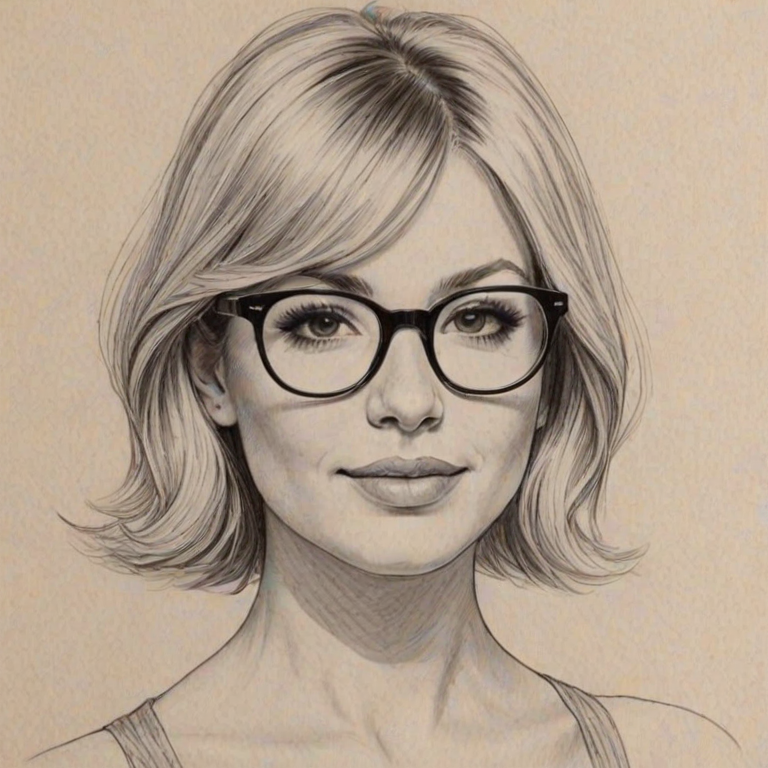 Appealing Ari Graynor, pencil sketch, portrait of Delightful woman 1966s in glasses, hair style beatnik, outline, clear lines, fine lines, 8k