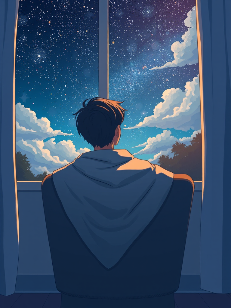 Create a digital illustration of a person sitting in a chair, viewed from behind, wrapped in a blanket, gazing out a window with a vibrant night sky filled with stars and clouds, use a soft color palette, in high resolution, with a focal length of 50mm, aperture f/2.8, ISO 100, and a slight vignette effect for depth.