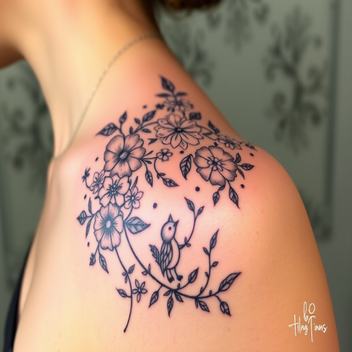 Whimsical dot work tattoo titled "Enchanted Garden" showcasing intricate floral patterns and tiny woodland creatures hidden within the design, creating a dreamlike and ethereal atmosphere on the shoulder blade